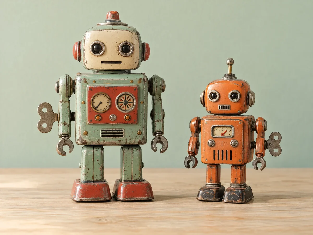 Two vintage-style tin robots in mint green and orange standing on a wooden surface
