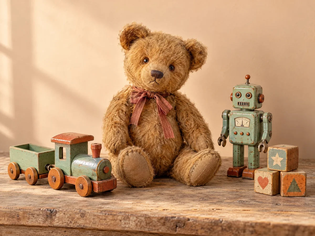 A vintage-style teddy bear, mint tin robot, wooden train, and colourful blocks on a pale wooden table