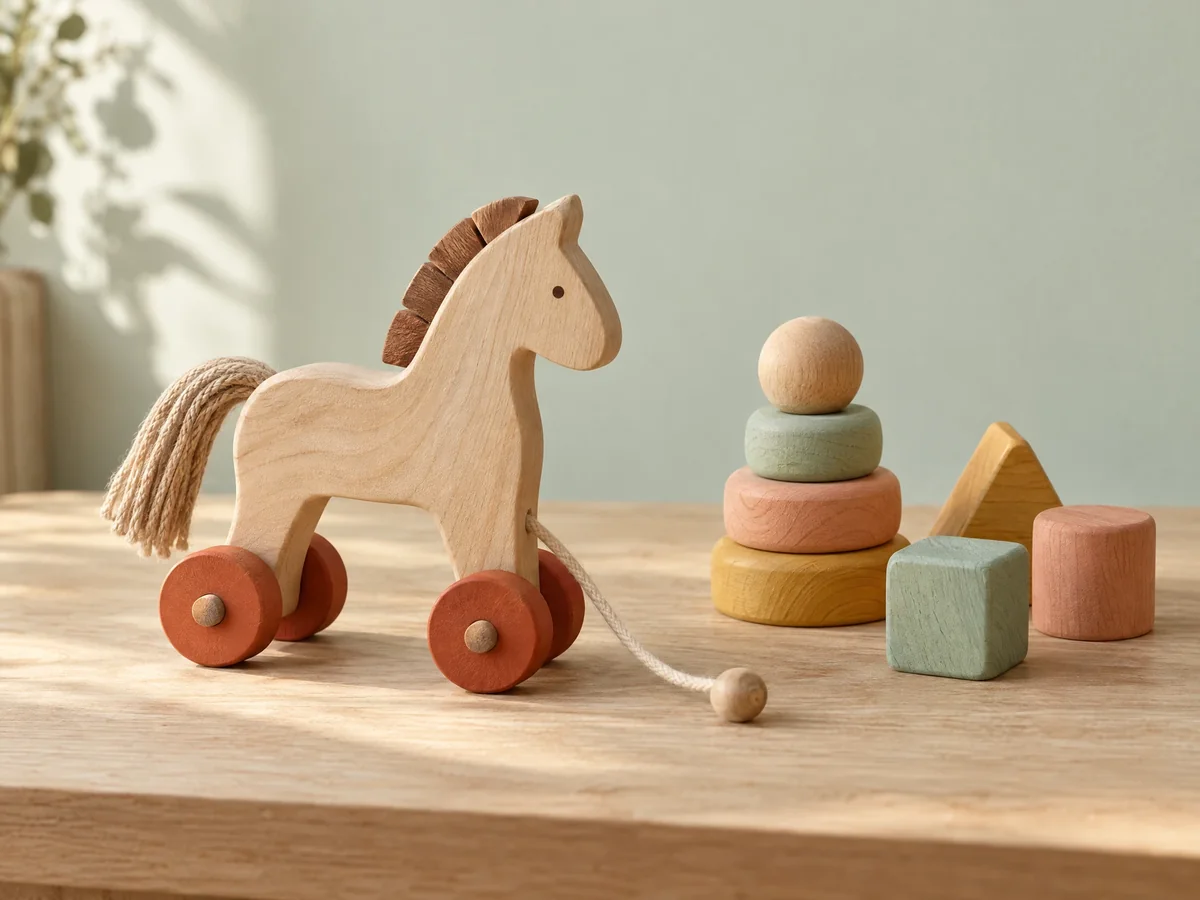 A wooden pull-along horse with orange wheels beside mint and peach stacking blocks